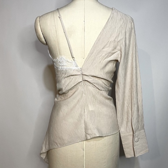 New Zara Beige Tan Asymmetrical Cami V Neck Lace One Shoulder Blouse Top - Picture 16 of 16